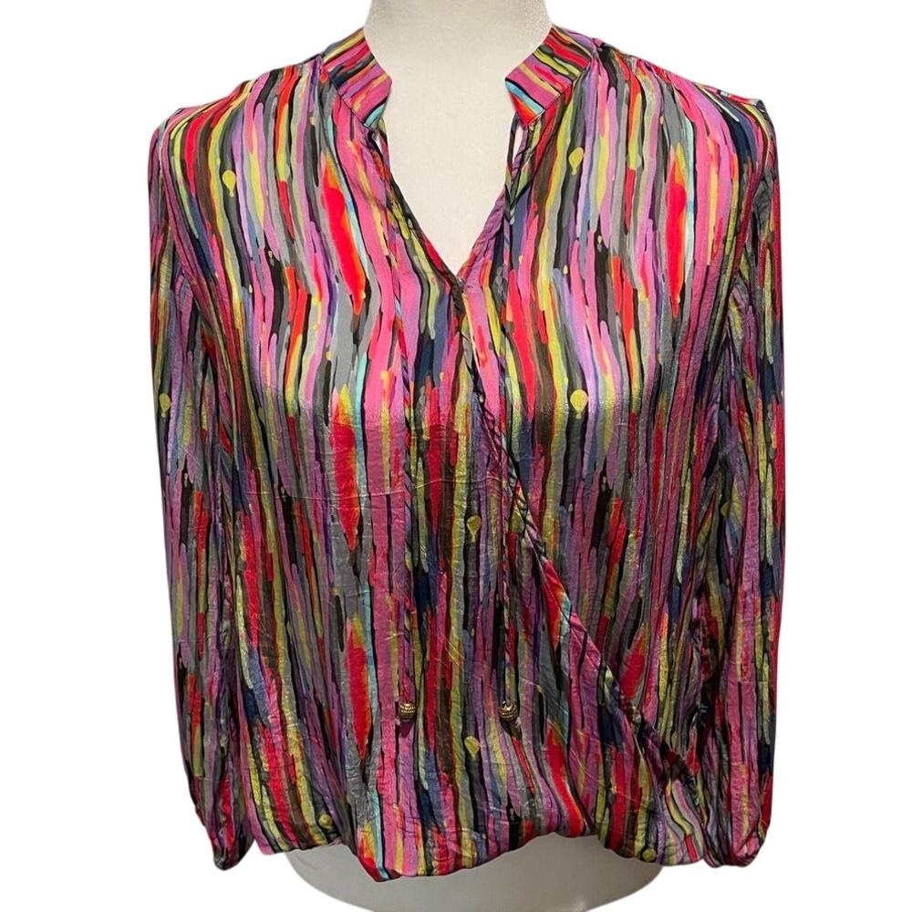 APNY Cupro Blouse Top Sz M Colorful Watercolor Silky Tassel Ties Faux Wrap Artsy